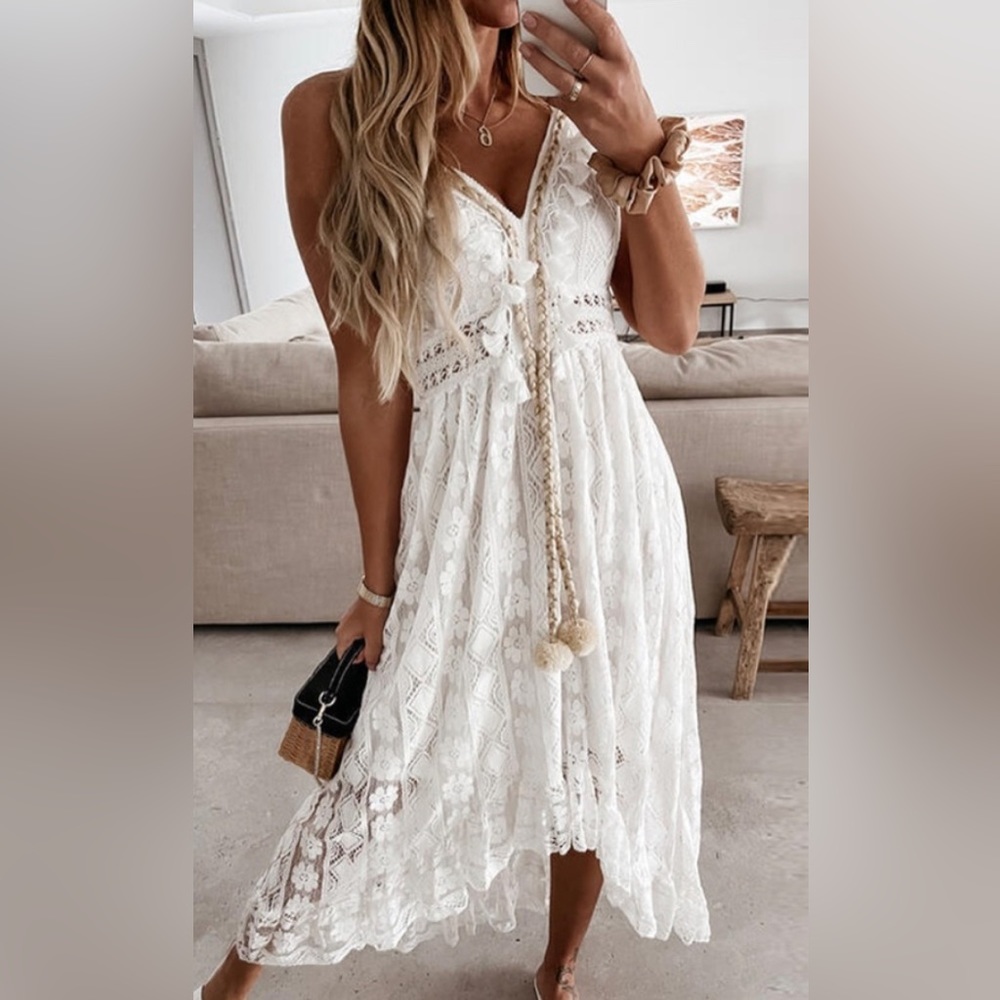 New Boho White Lace Beach Wedding Party Dress